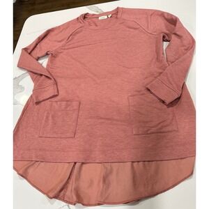 LOGO Lounge Lori Goldstein Women Rose Pink Knit Tunic Top Mixed Media Pockets M